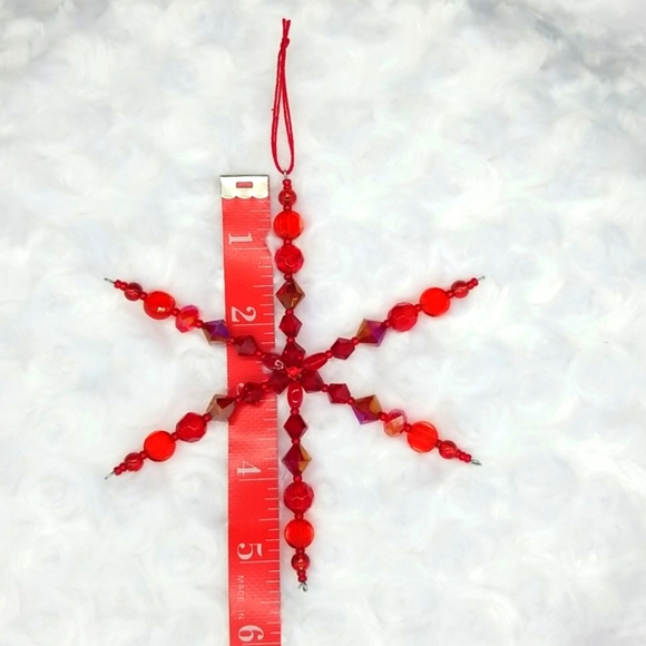 6 Hand Crafted Handmade Beaded Red & Green Snowflake Ornaments - Picture 3 of 12